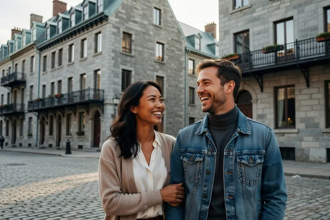 Femme d'origine asiatique et homme québécois couple heureux Vieux-Montréal