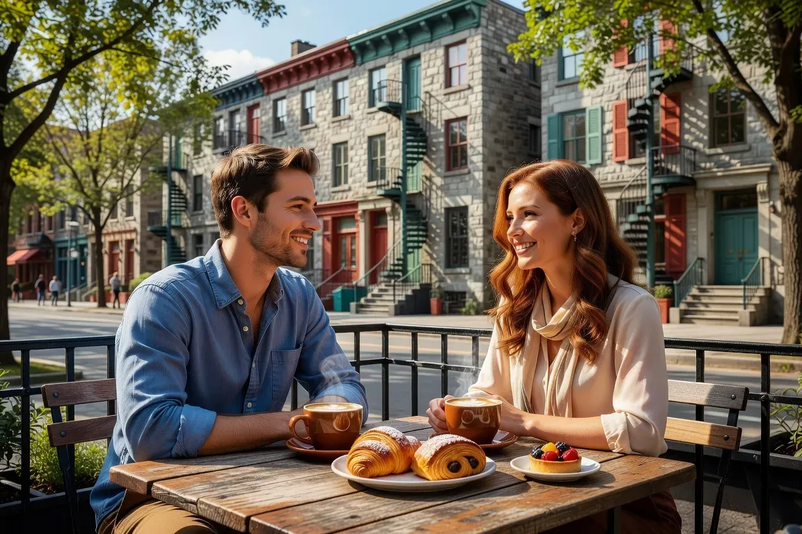 Couple en premier rendez-vous terrasse café Plateau Montréal souriant