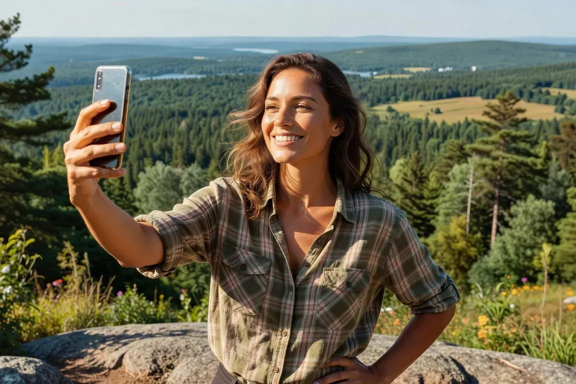 Femme québécoise souriante prenant selfie extérieur été paysage