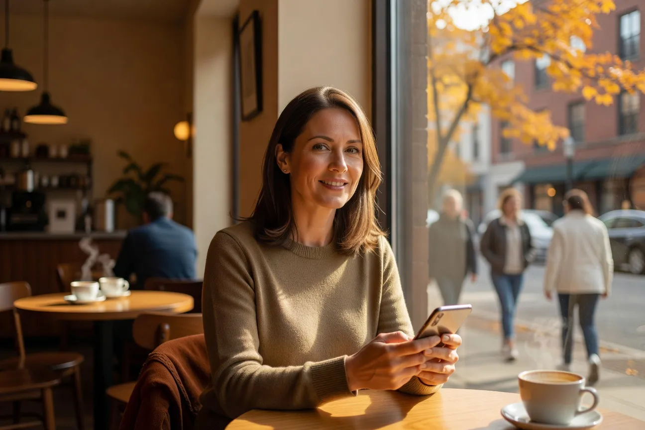 Femme qu&eacute;b&eacute;coise 45 ans souriante avec smartphone