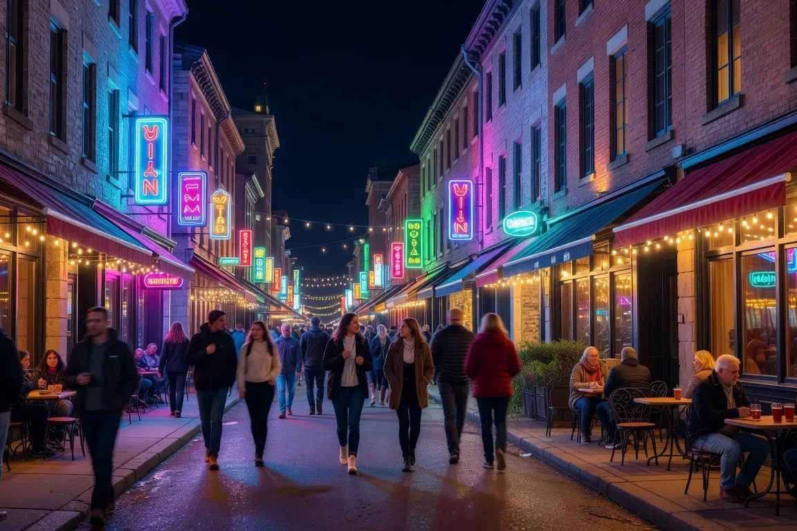 Quartier Saint-Roch Québec ville soirée néon cafés et célibataires