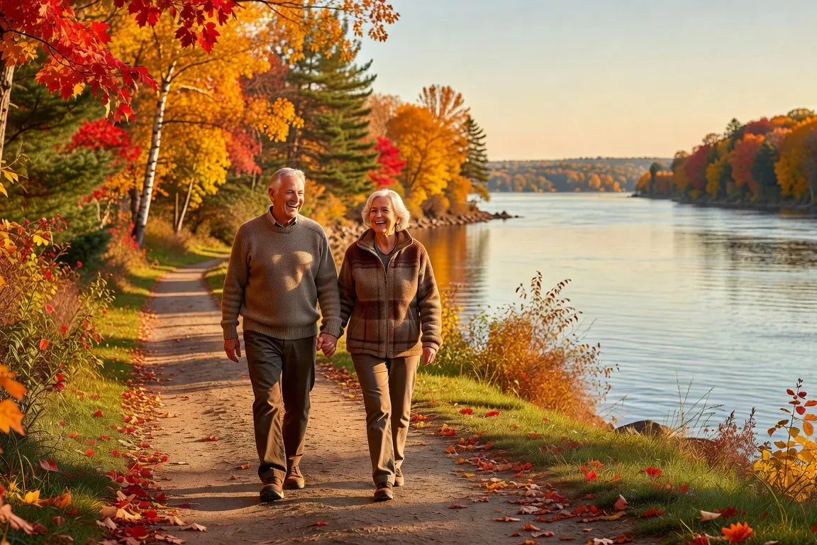 Couple senior 65 ans promenade bord Saint-Laurent Québec automne souriant