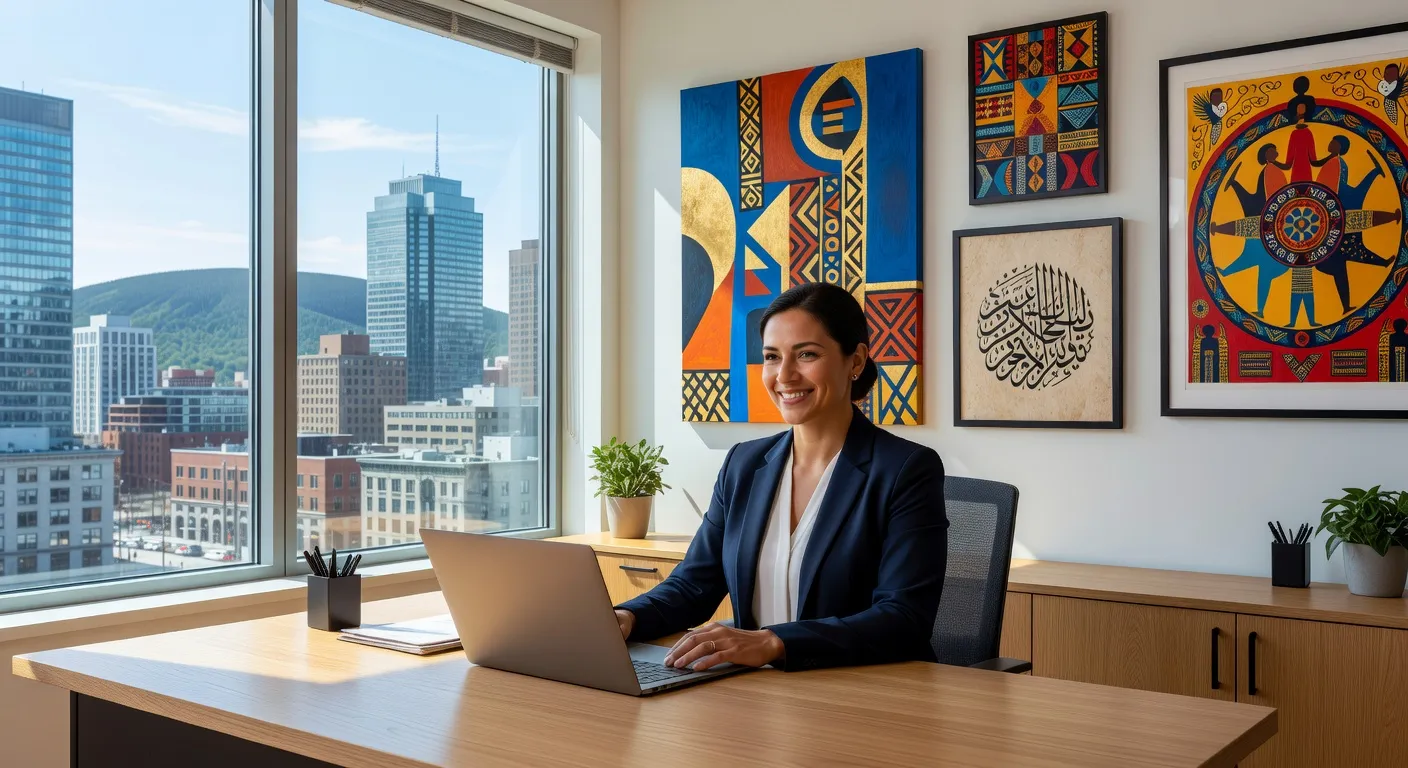 Conseillère intégration bureau moderne Montréal souriant écran