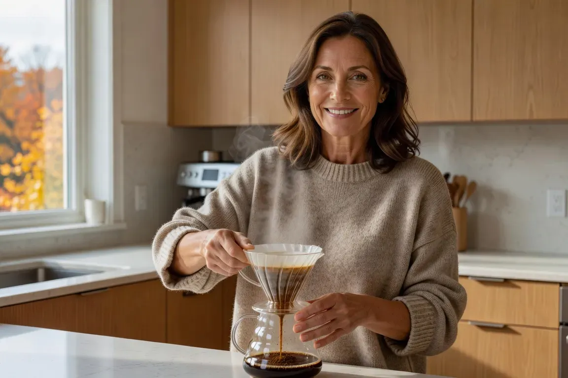 Femme quebecoise 55 ans souriante qui prepare un cafe dans une cuisine moderne