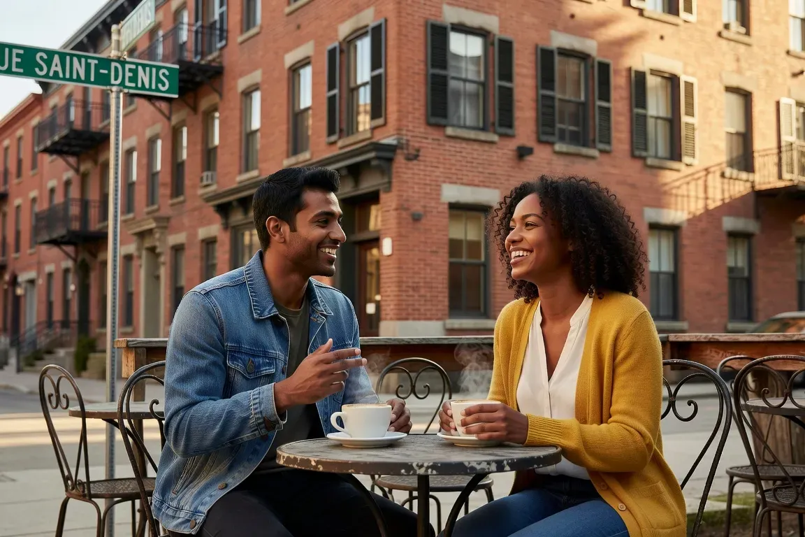 Couple mixte assis a la terrasse d'un cafe sur la rue Saint-Denis a Montreal