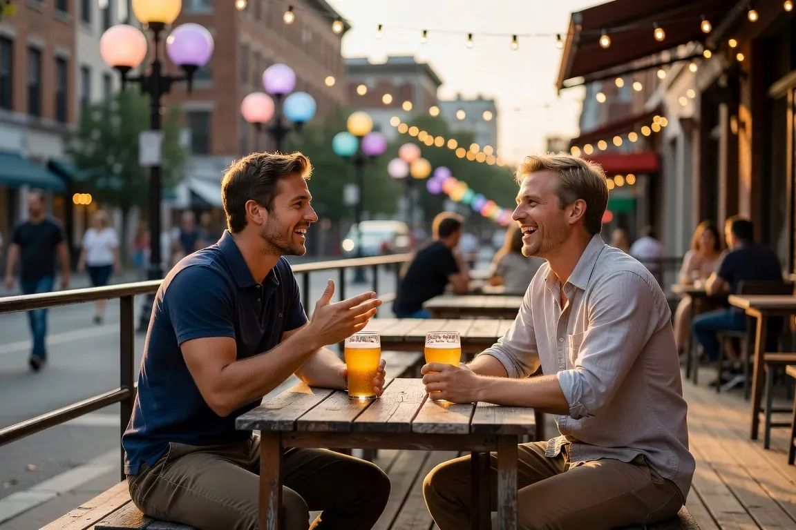Two men in Montreal discutant sur une terrasse du Village gay