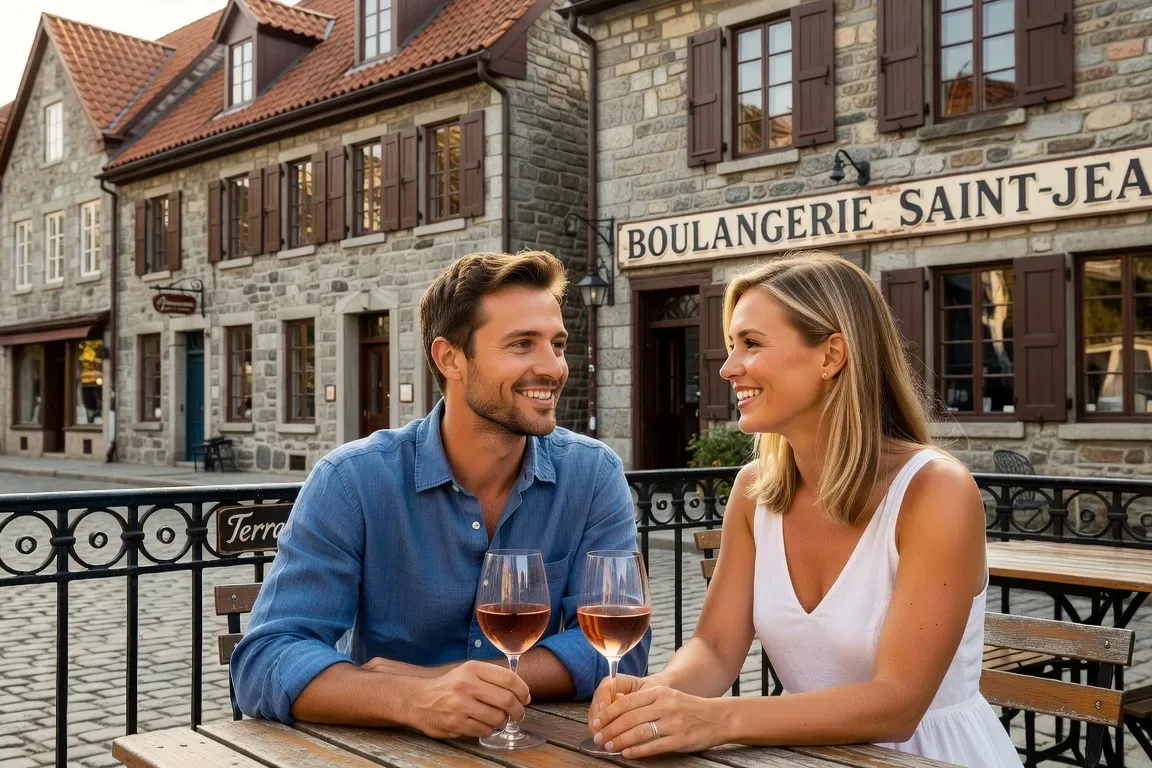 Couple souriant a la terrasse d'un restaurant sur la rue Saint-Jean a Quebec