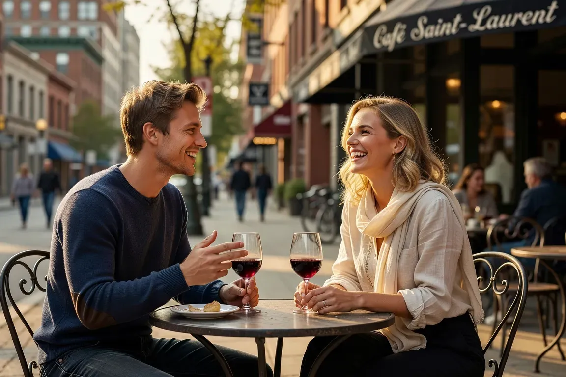 Couple souriant assis a la terrasse d'un cafe sur le boulevard Saint-Laurent a Montreal