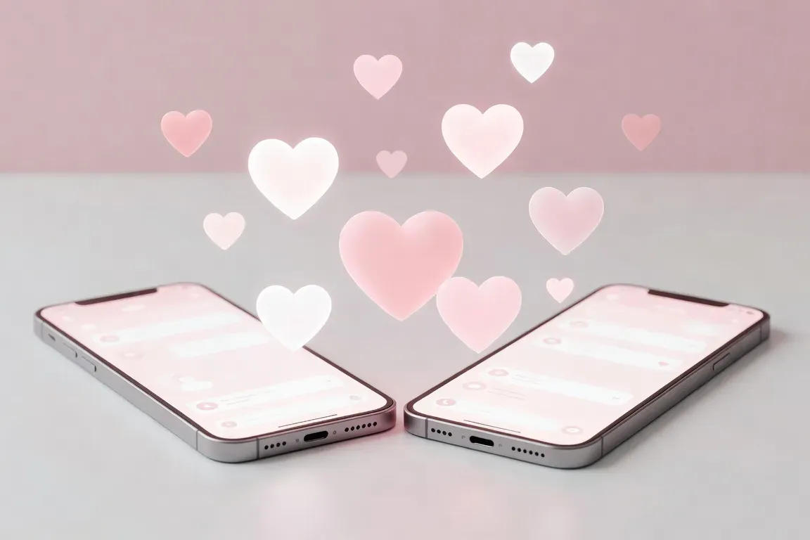 Deux smartphones avec des cœurs flottants, symbole de la connexion digitale amoureuse