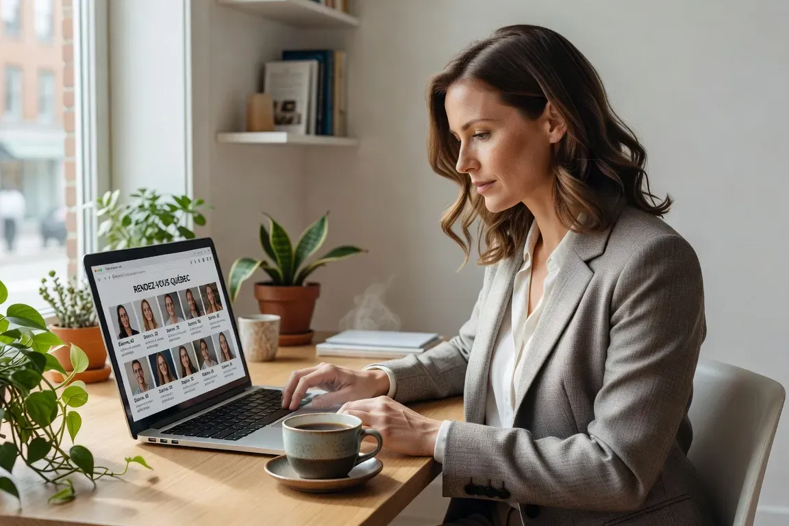 Femme quebecoise concentree qui consulte un site de rencontre sur ordinateur avec cafe