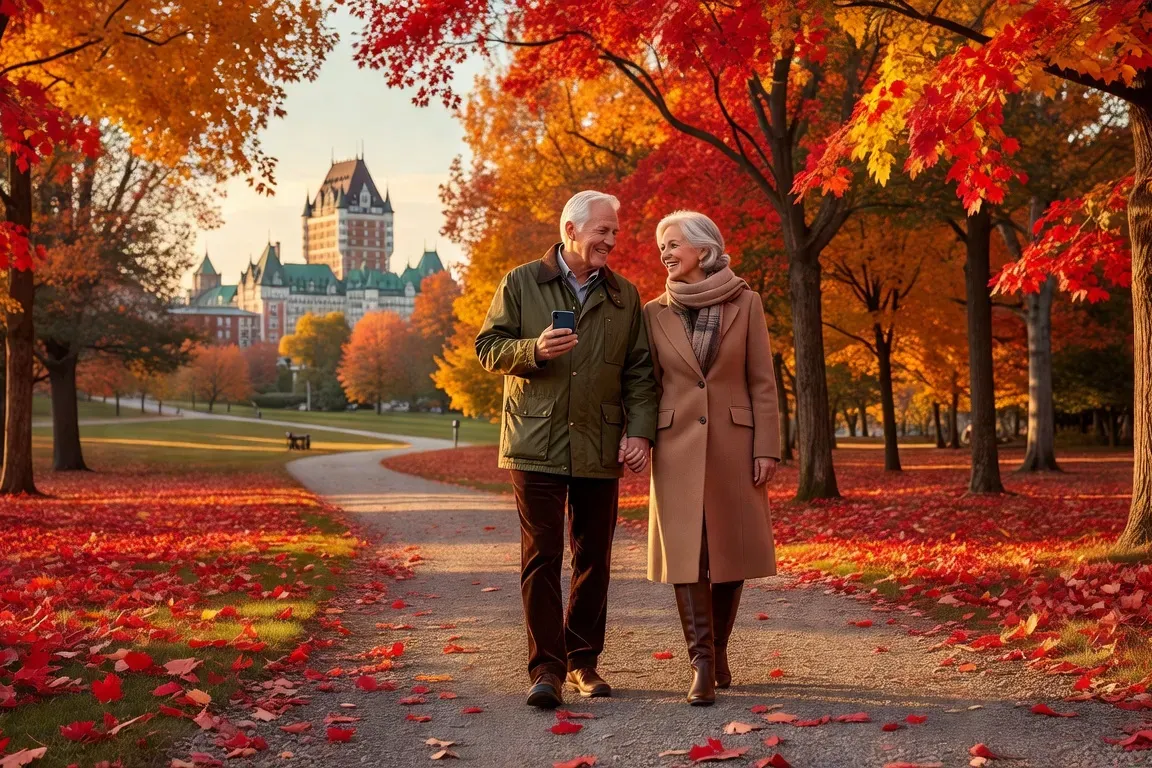 Couple senior heureux dans un parc quebecois en automne tenant un smartphone