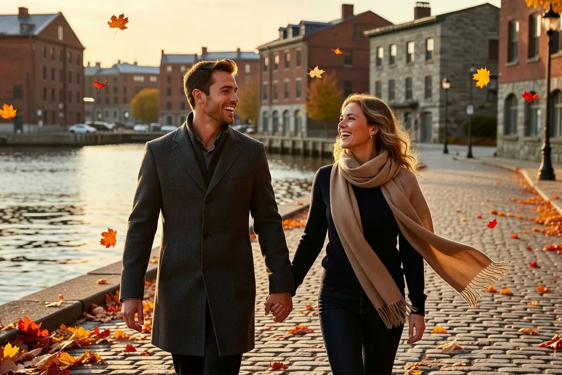 Couple quebecois qui se promene dans le Vieux-Port de Montreal en automne