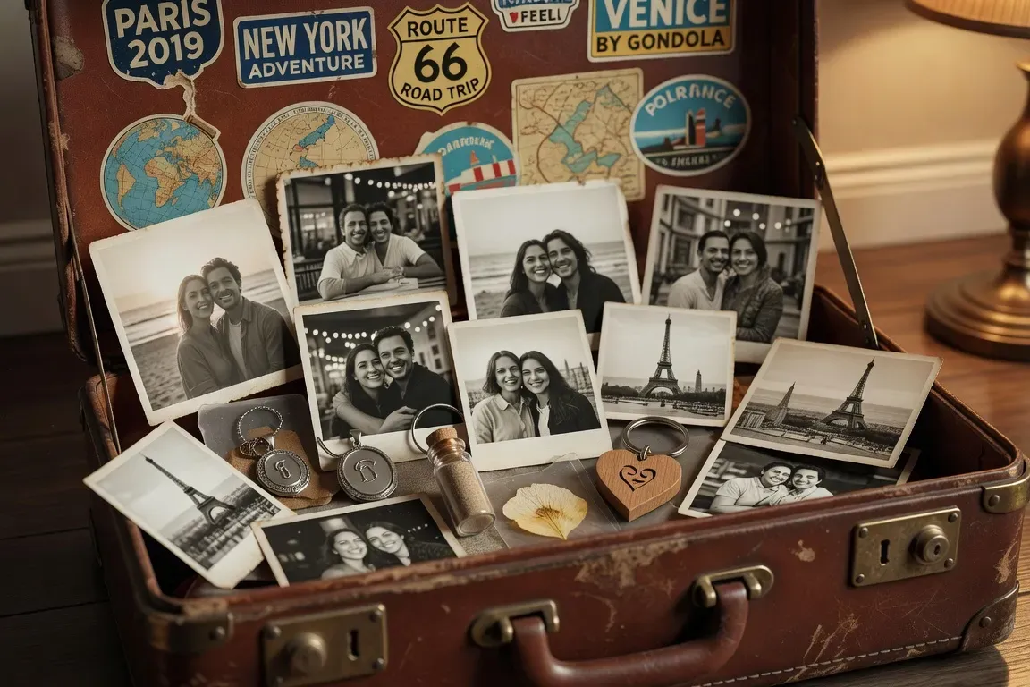 Valise ouverte avec photos du couple et cadeaux, ambiance voyage et nostalgie