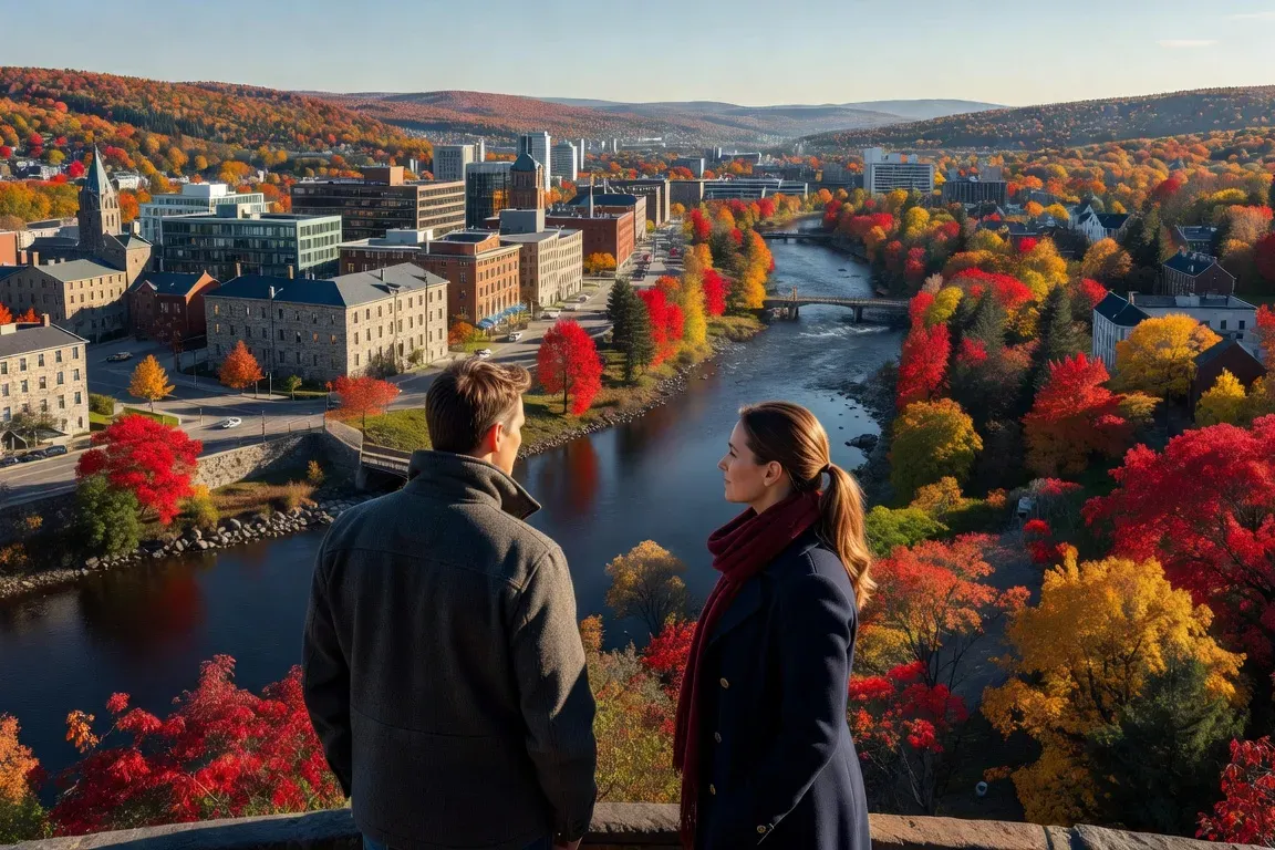 Vue panoramique de Sherbrooke en automne avec un couple en arriere-plan