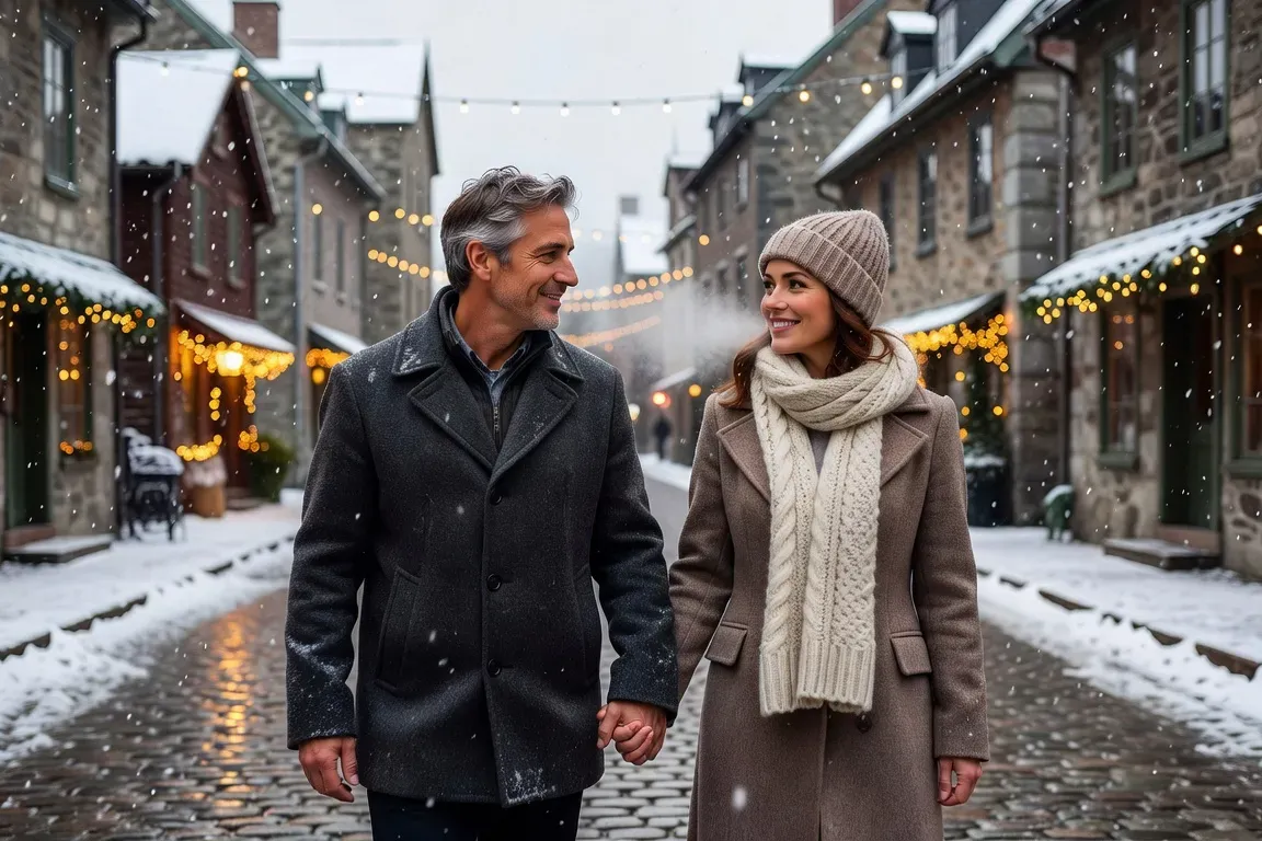 Couple complice qui se promene main dans la main dans le Vieux-Quebec en hiver