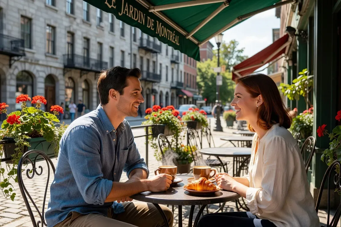 Couple qui se retrouve pour la première fois après avoir matché en ligne, café montréalais