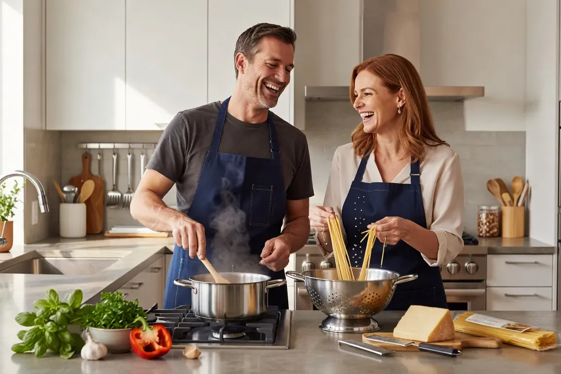Couple quebecois 40 ans qui cuisine ensemble dans une cuisine moderne lumineuse