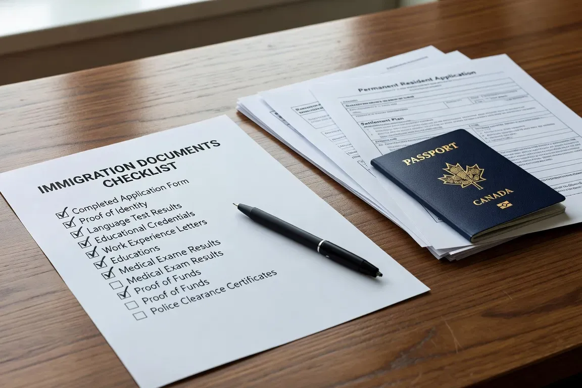 Checklist dossier immigration Canada sur bureau en bois avec passeport canadien