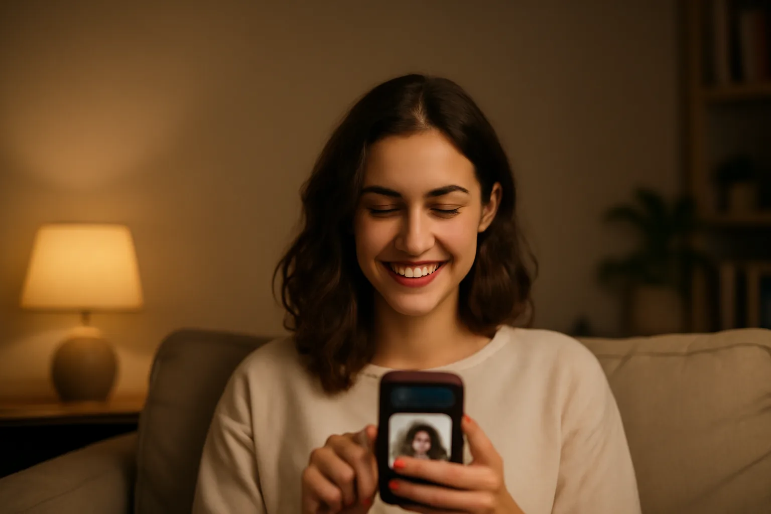 Femme souriante assise sur un canapé, swipant sur une application de rencontre sur son téléphone