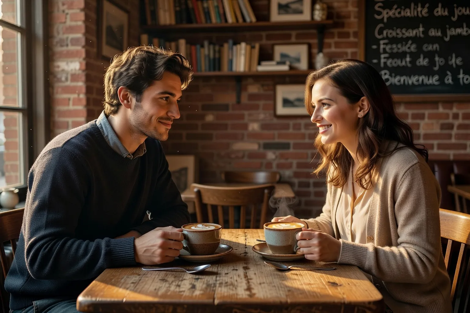 Couple premier rendez-vous au café à Montréal, gêne sympathique, deux cappuccinos, lumière chaude
