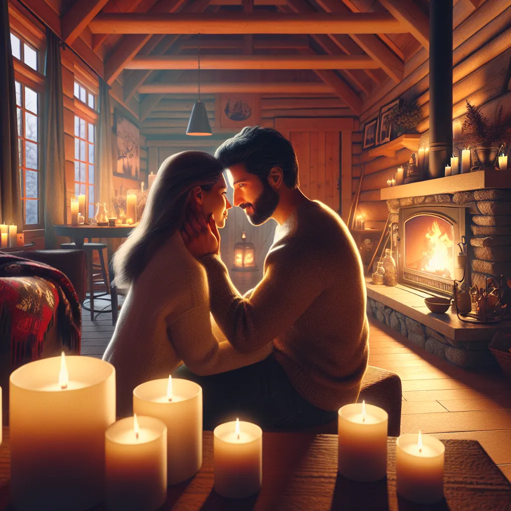 Couple dans un chalet quebecois en hiver