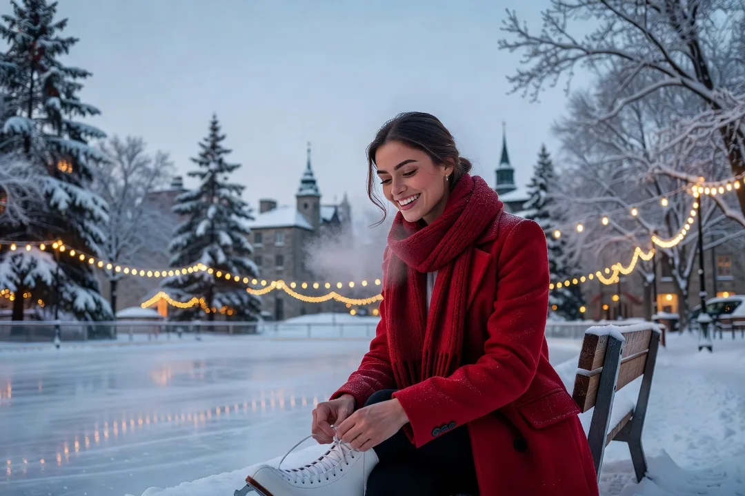 Femme québécoise souriante lacant ses patins sur une patinoire extérieure éclairée au crépuscule, manteau rouge, ambiance hivernale chaleureuse