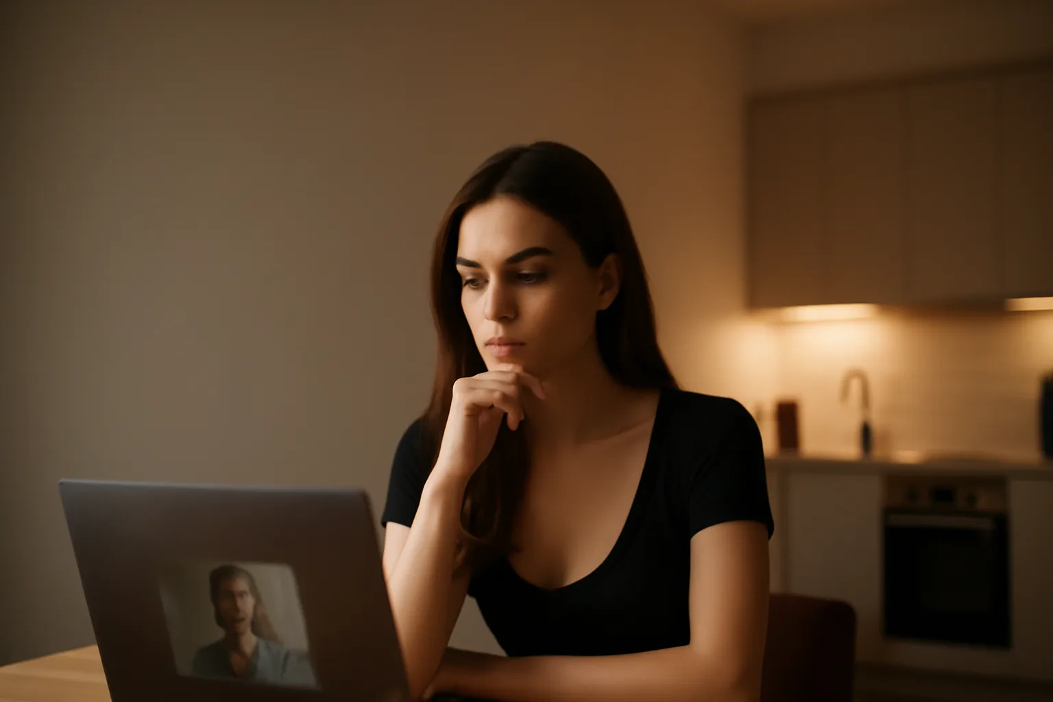 Femme assise à une table de cuisine, regard pensif, main sur le menton, devant un appel vidéo sur son ordinateur portable