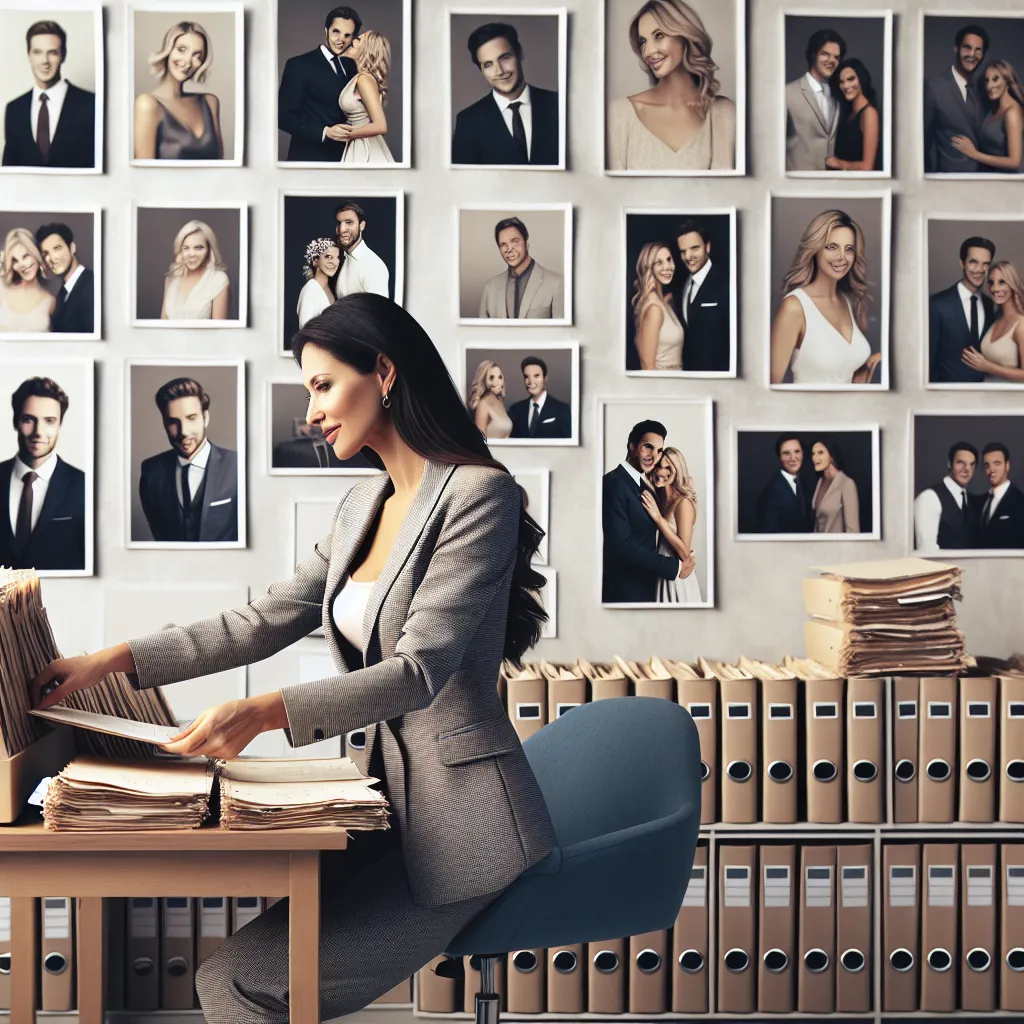 Matchmaker professionnel examinant des profils dans un bureau elegant