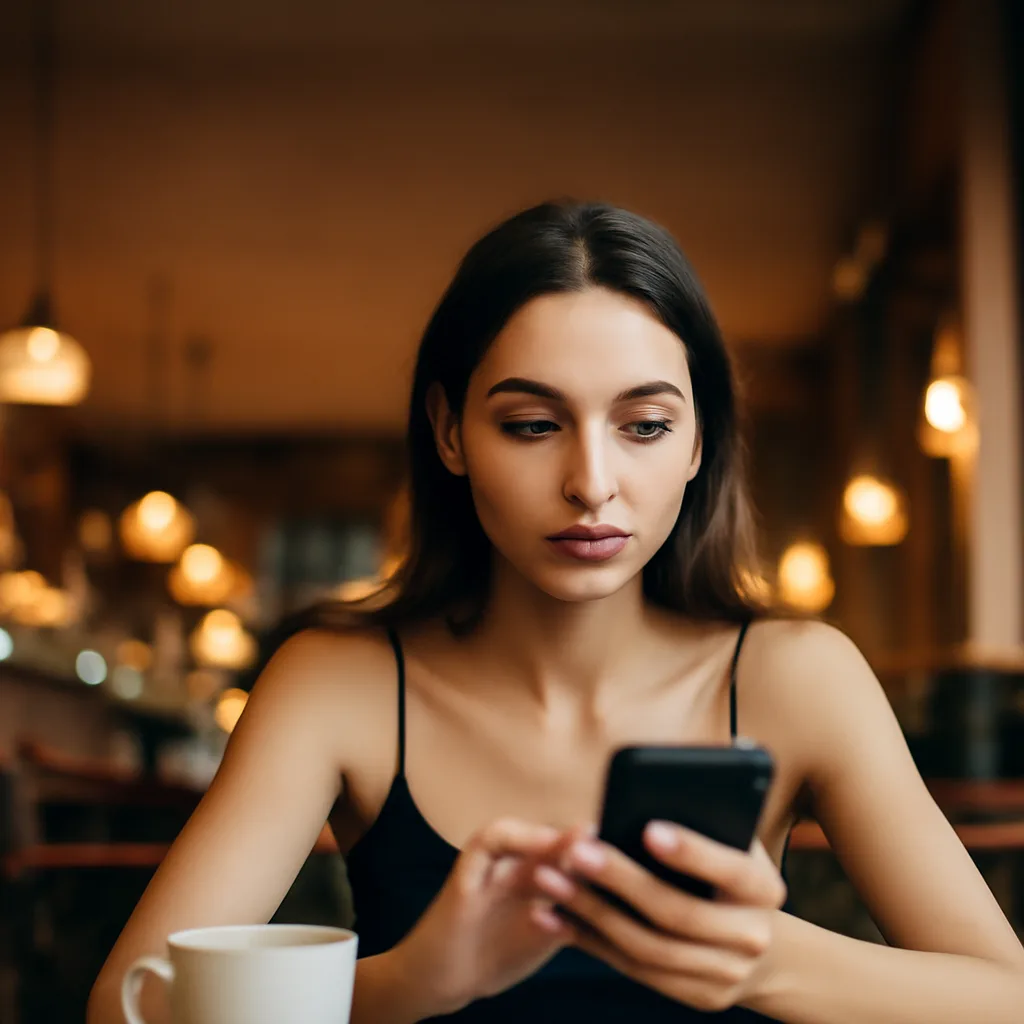 Femme assise à une table de café, regardant son téléphone avec curiosité, tasse de café à proximité