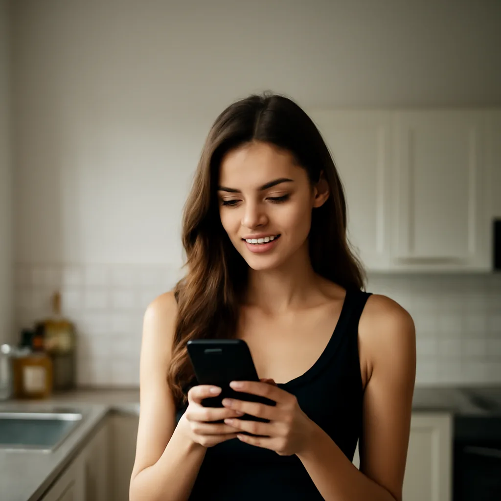 Femme debout dans une cuisine lumineuse, souriante en consultant son téléphone