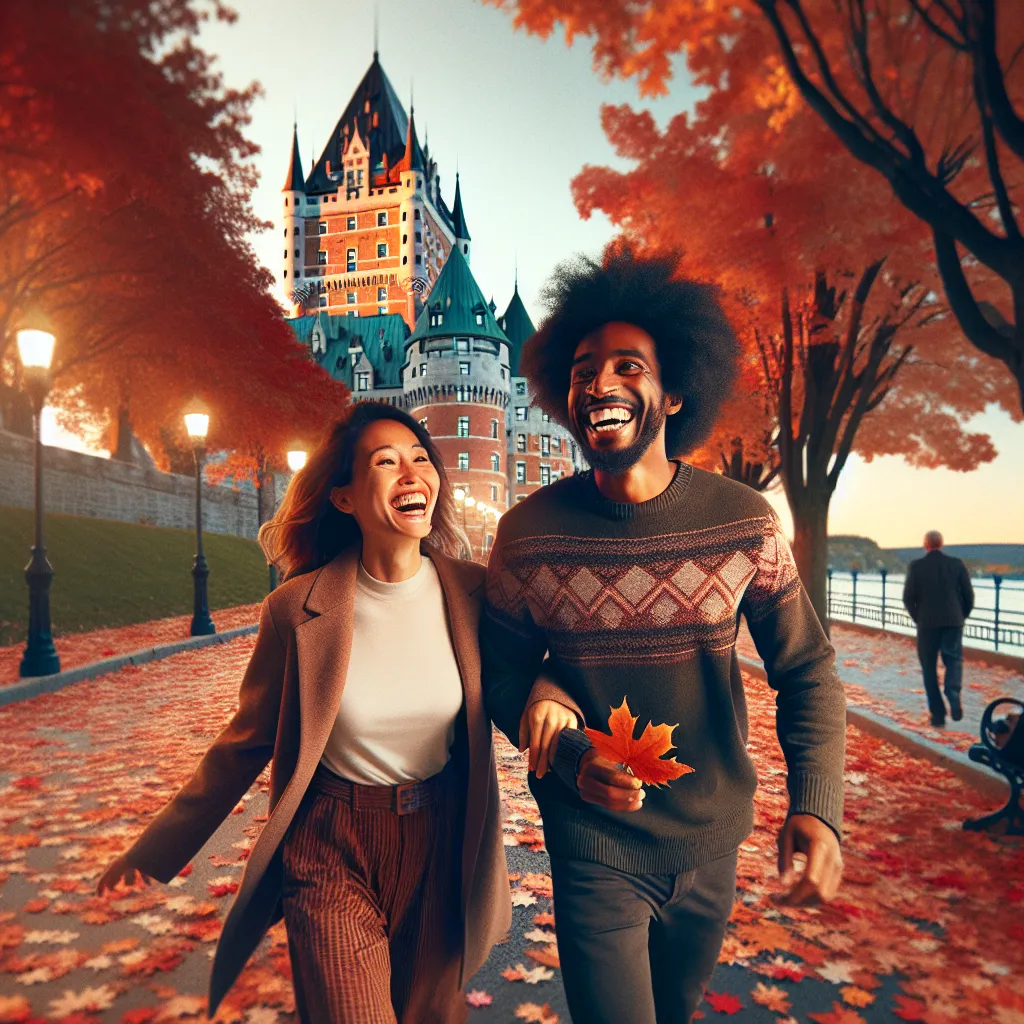 Couple heureux marchant dans les feuilles d'automne a Quebec avec le Chateau Frontenac
