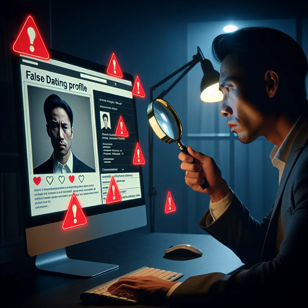 Loupe d'enqueteur examinant un faux profil de rencontre avec signes d'alerte