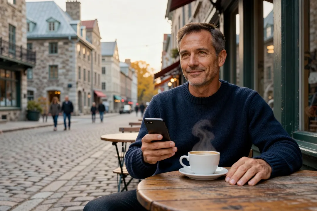 Homme assis dans un café consultant calmement son téléphone sans insister sur une conversation
