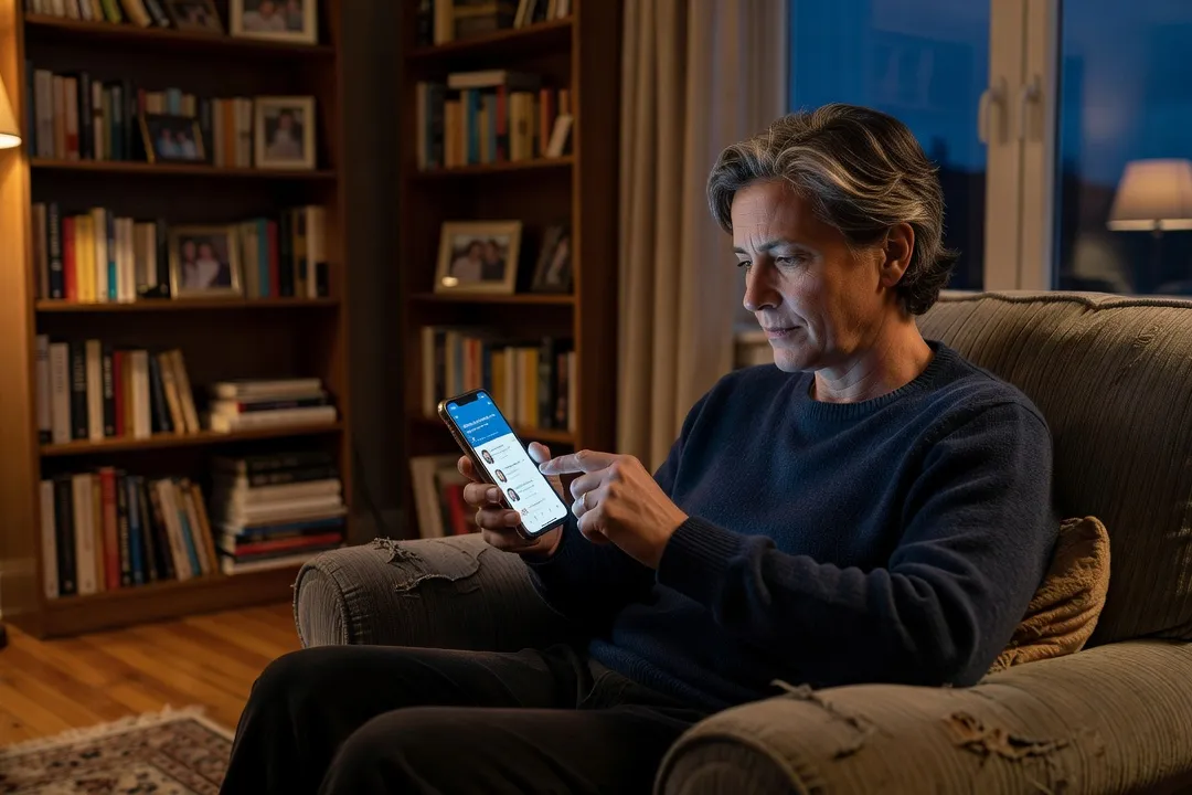Parent quebecois consultant une application de rencontre serieuse sur son telephone a la maison