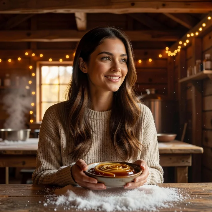 Femme québécoise assise à une table de cabane à sucre en bois, dégustant de la tire d'érable sur la neige, lumière chaleureuse