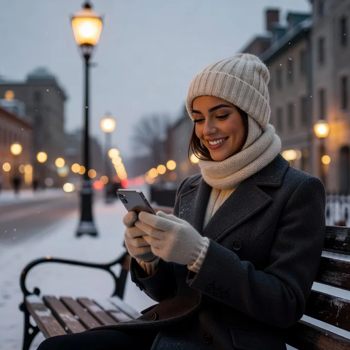Femme québécoise assise sur un banc en ville en hiver, souriante en regardant son téléphone, neige légère