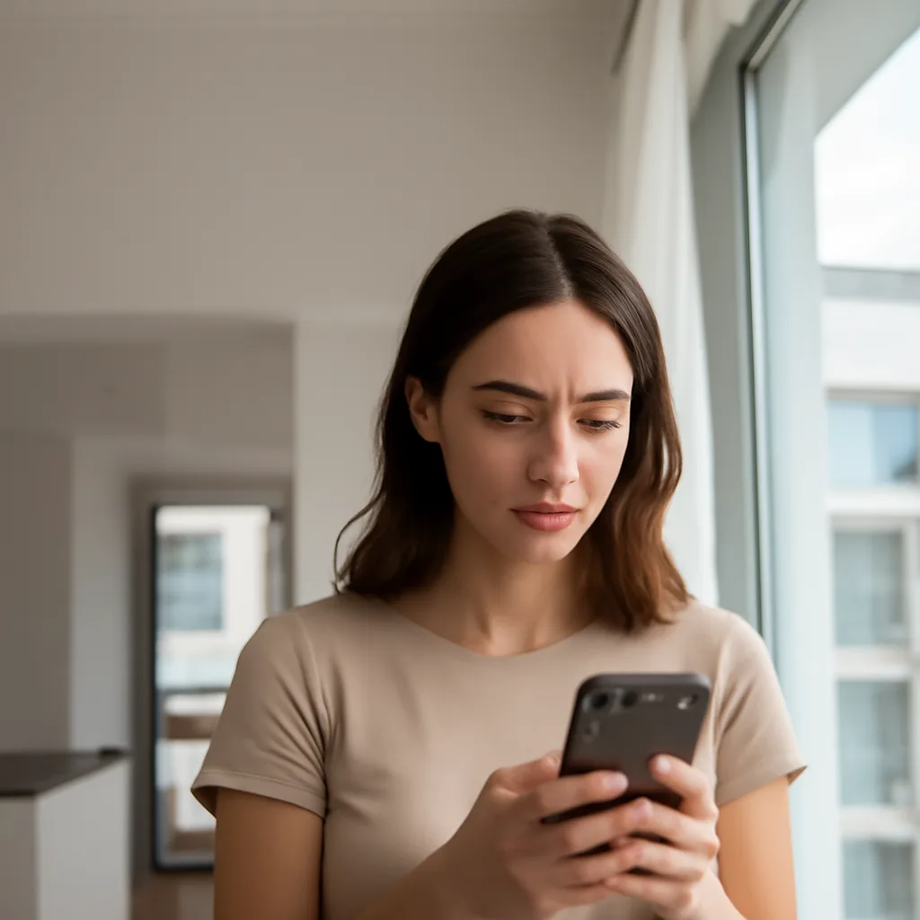 Femme debout près d'une fenêtre lumineuse, tenant un téléphone, expression légèrement préoccupée