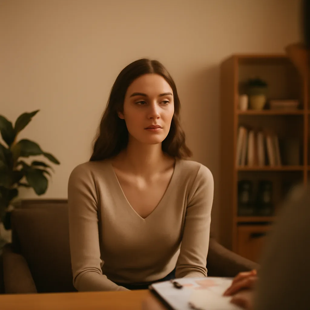 Femme assise dans un bureau chaleureux, discutant calmement avec une conseillère