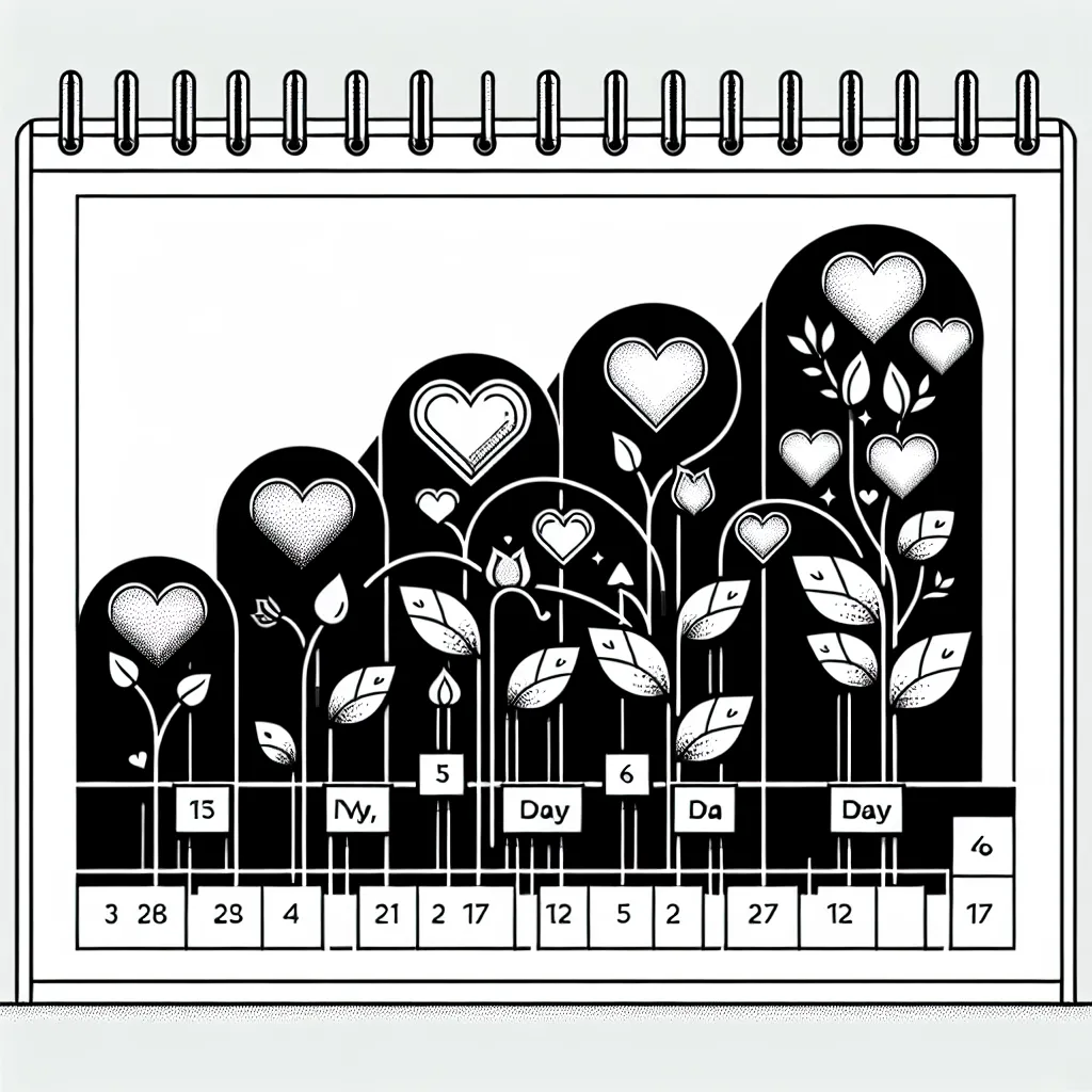 Calendrier de 7 jours avec des icones de coeur progressifs, concept de parcours de seduction