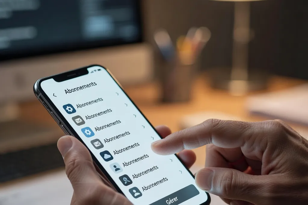Main tenant un smartphone affichant les paramètres d'abonnements de l'App Store ou Google Play